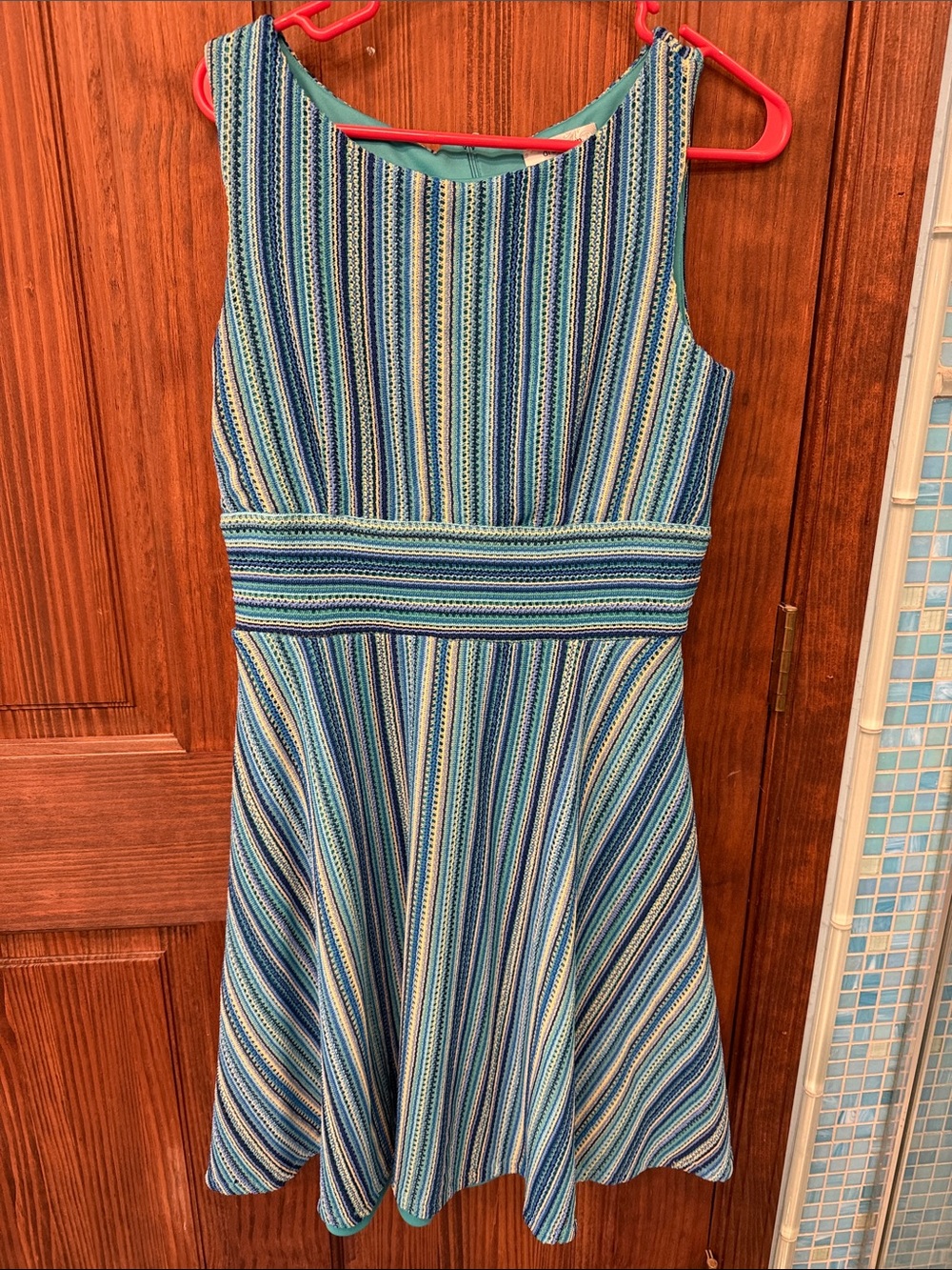 dressbarn Blue and Teal Striped Sleeveless Midi Dress
